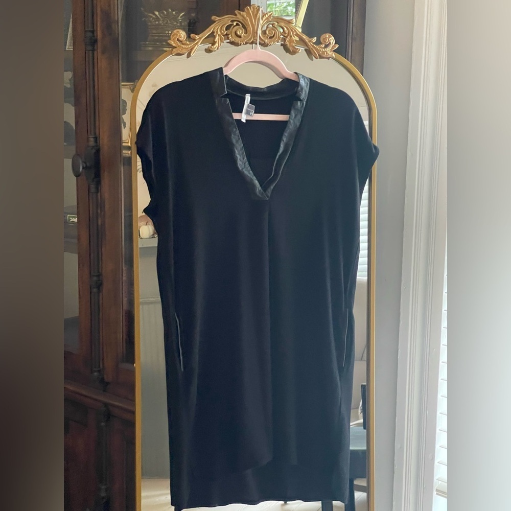 Vince Leather Trim Black Popover Mini Dress with Leather Trim Pockets